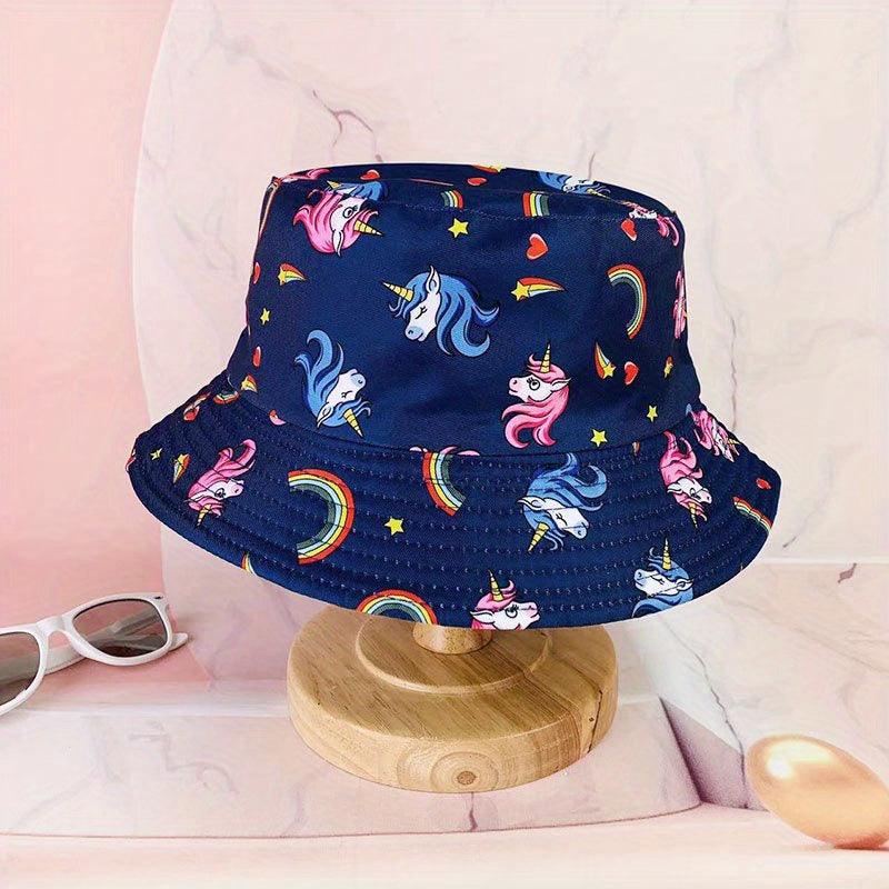 Unisex Printed Sunshade Bucket Hat Unicorn Bear Double sided Sun Hat