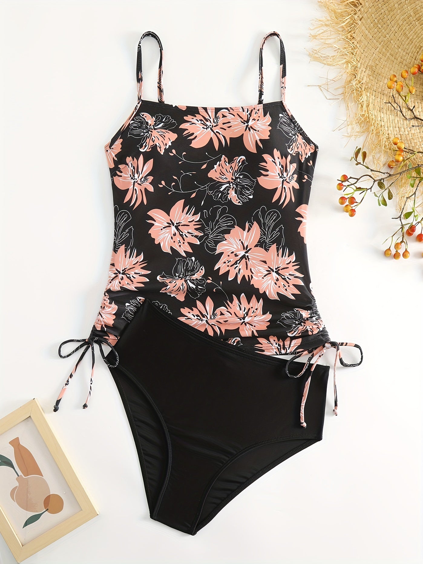 Drawstring Tie Side Tankini Set Floral Pattern High Cut Swimsuit