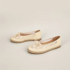 Floral Mesh Espadrille Flats with Bow Detail - Slip On Casual Outdoor Shoes