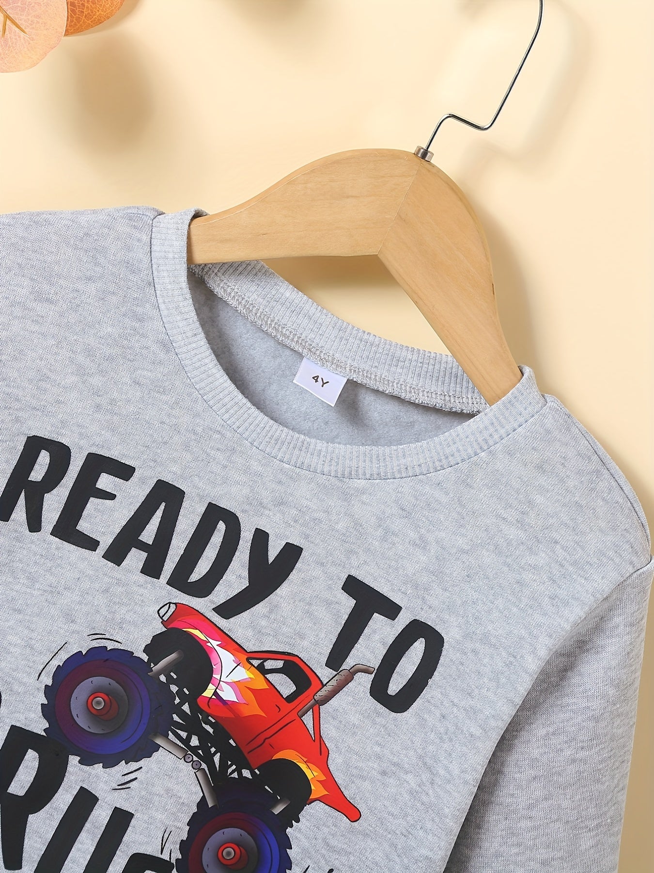 Cartoon Truck Letter Print Crew Neck Sweatshirt for Boys