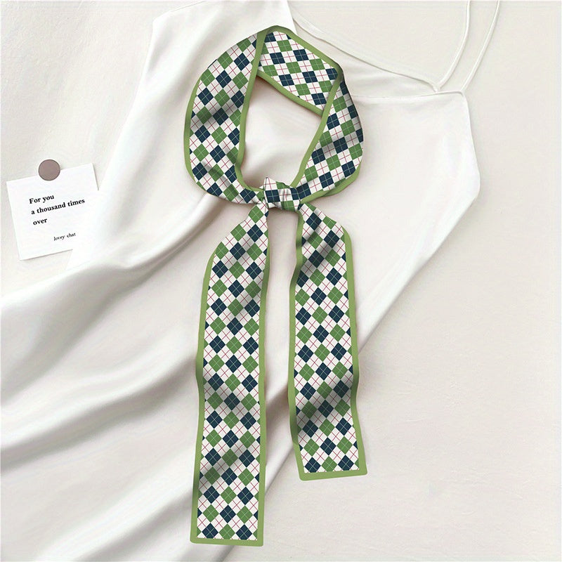 Green Print Skinny Scarf Neckerchief Floral Polka Dot Plaid Pattern Neck Tie