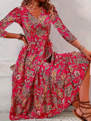 Boho Dress Women's Plus Paisley Print Long Sleeve V Neck