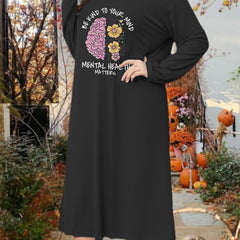 Brain & Floral Print Long Sleeve Tee Sleep Dress