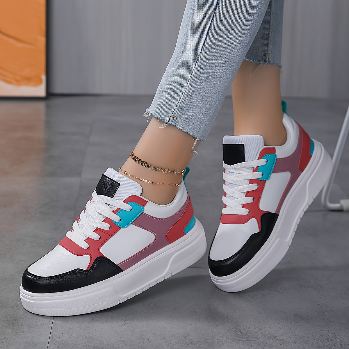 Women's Lace Up Chunky Sneakers Lightweight Non slip Skate Shoes