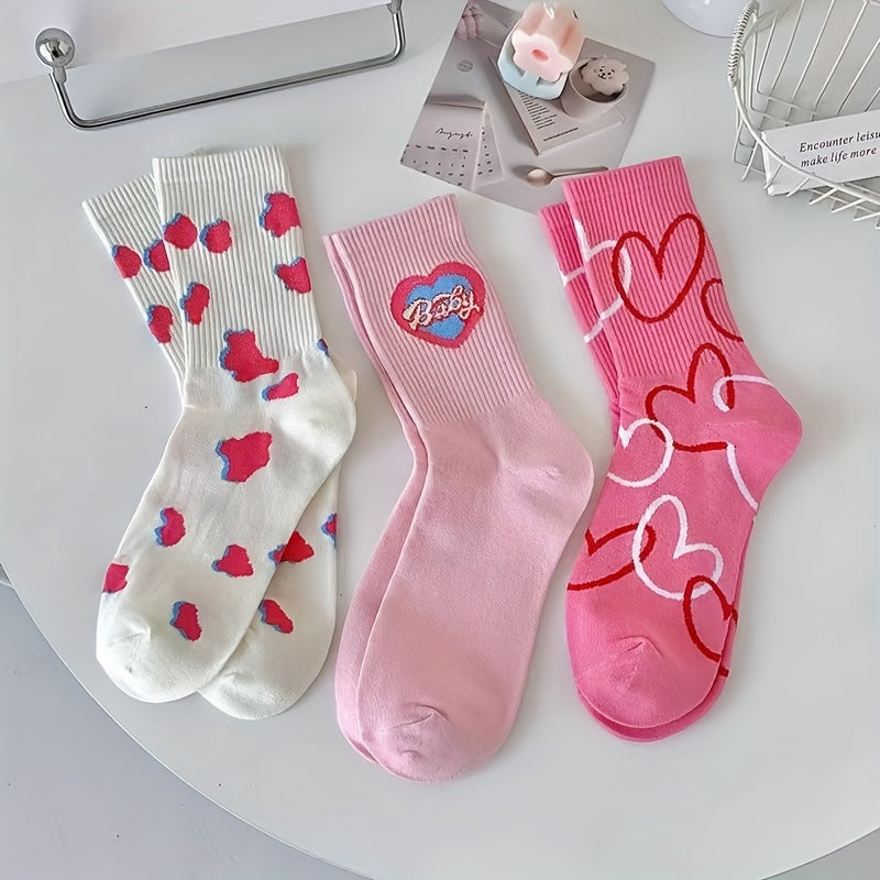3 Pairs Heart Print Socks for Women