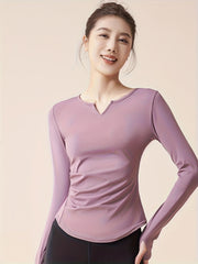 V Neck Yoga Long Sleeve Sports Top Thumb Hole Quick Dry Slimming Shirt