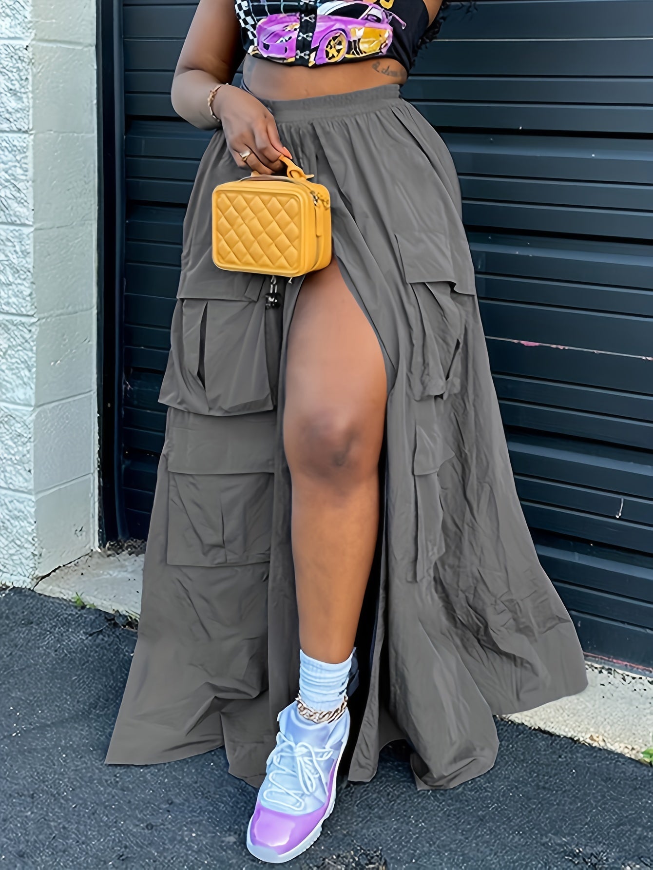 Sporty Cargo Skirt Elastic Waist A Line Split Activewear