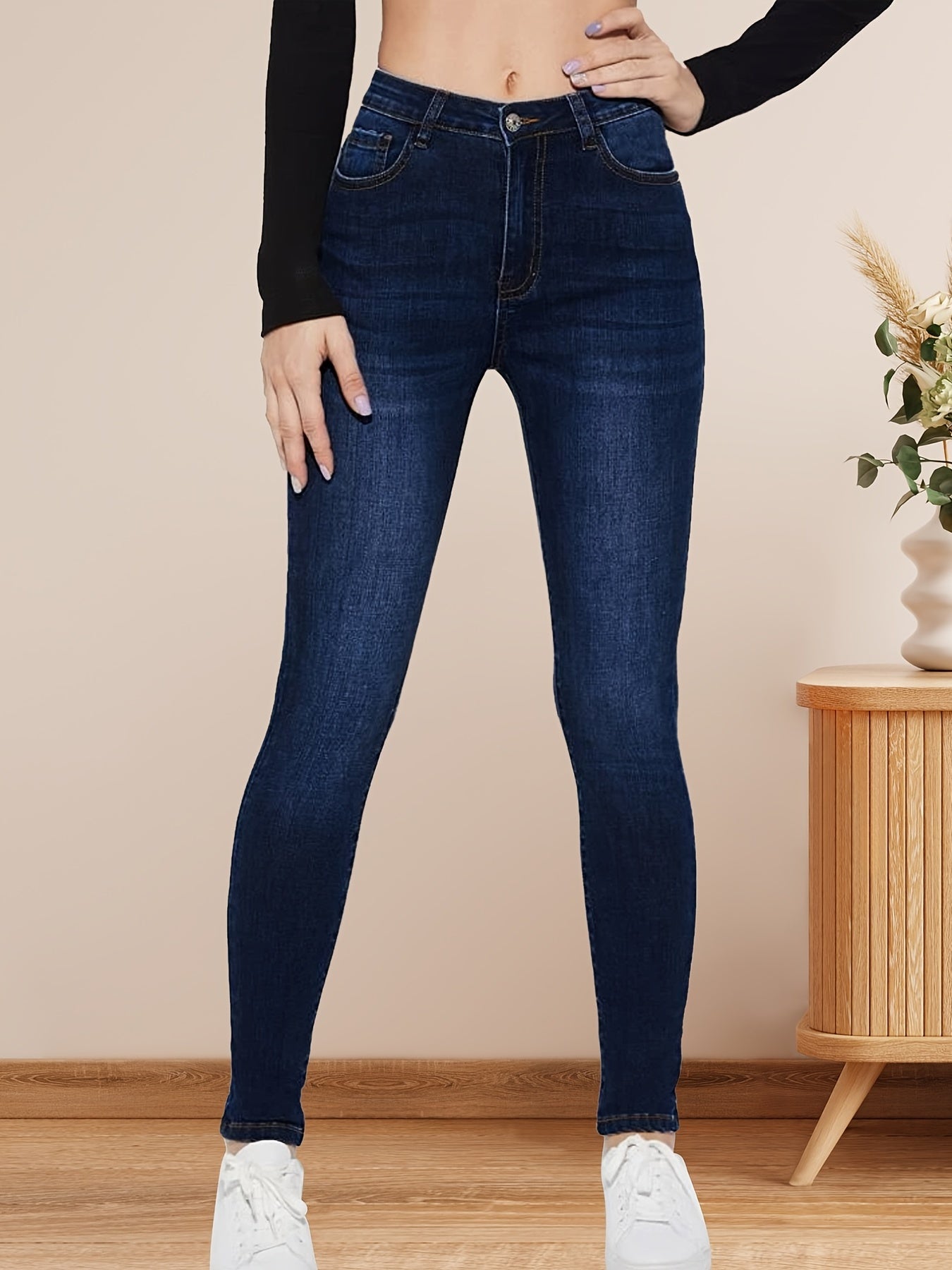 High Rise Dark Skinny Jeans High Waist Water Ripple Embossed Crotch