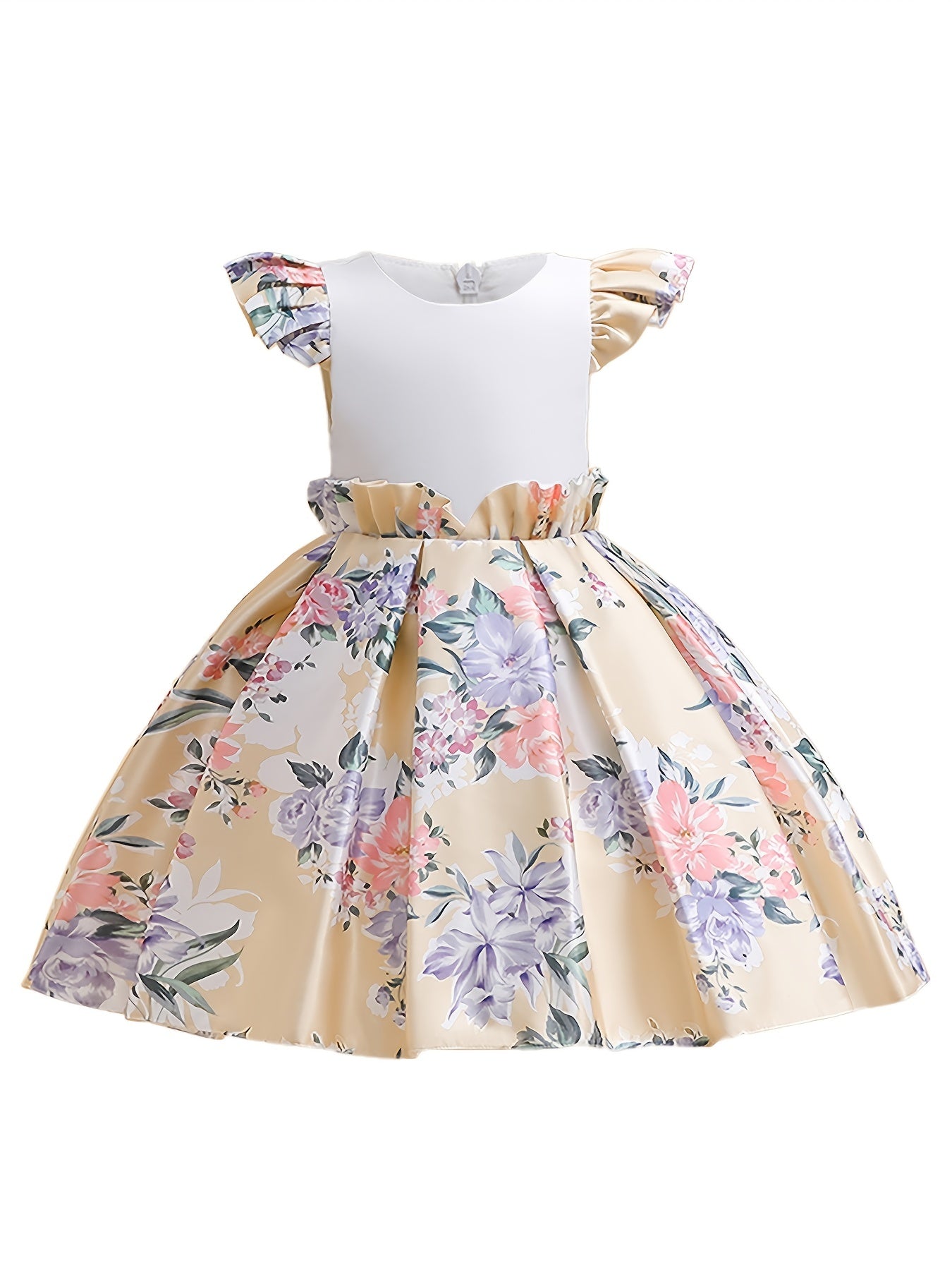 Girls Princess Dress Flying Sleeves Flowers Print Ruffles Performance Dress
