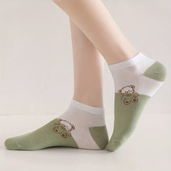 5 Pairs Cartoon Bear Print Socks & Lightweight Low Cut Ankle Socks