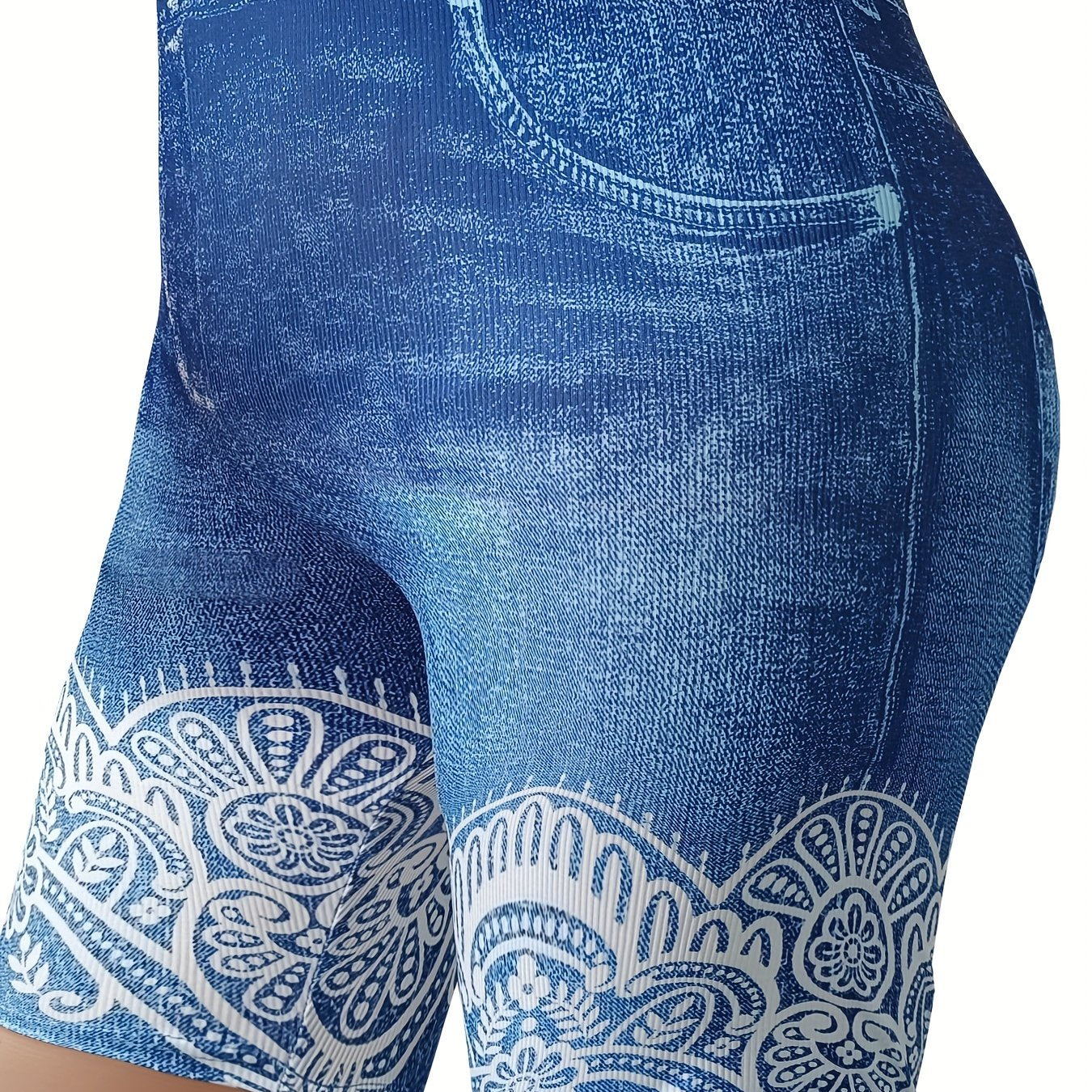 Denim & Floral Print Stretchy Skinny Leggings