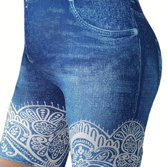 Denim & Floral Print Stretchy Skinny Leggings