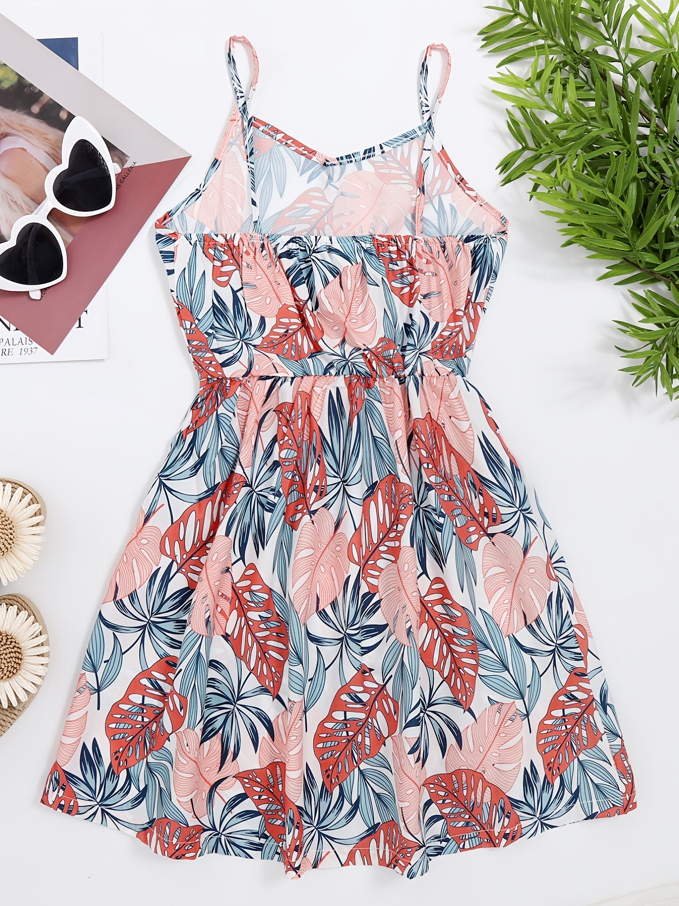 Girls Tropical Leaves V-neck Cami Dress for Party Holiday