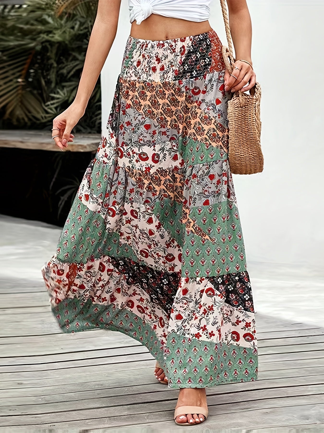 Floral Patchwork Print Boho Skirt for Women