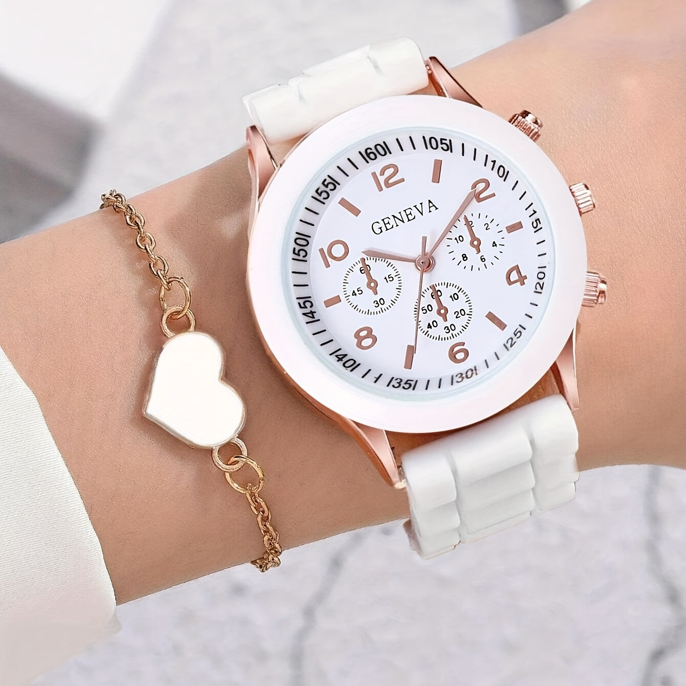 Student Silicone Quartz Watch & Heart Bracelet Set