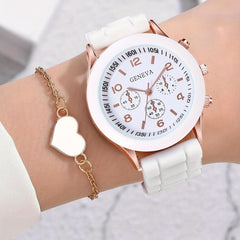Student Silicone Quartz Watch & Heart Bracelet Set
