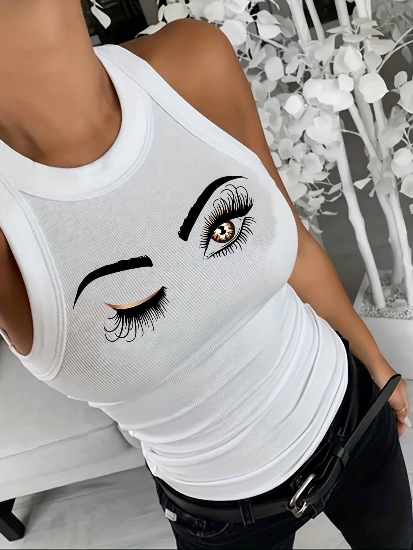Eyes Print Tank Top Sexy Crew Neck Summer Sleeveless Top