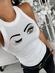 Eyes Print Tank Top Sexy Crew Neck Summer Sleeveless Top