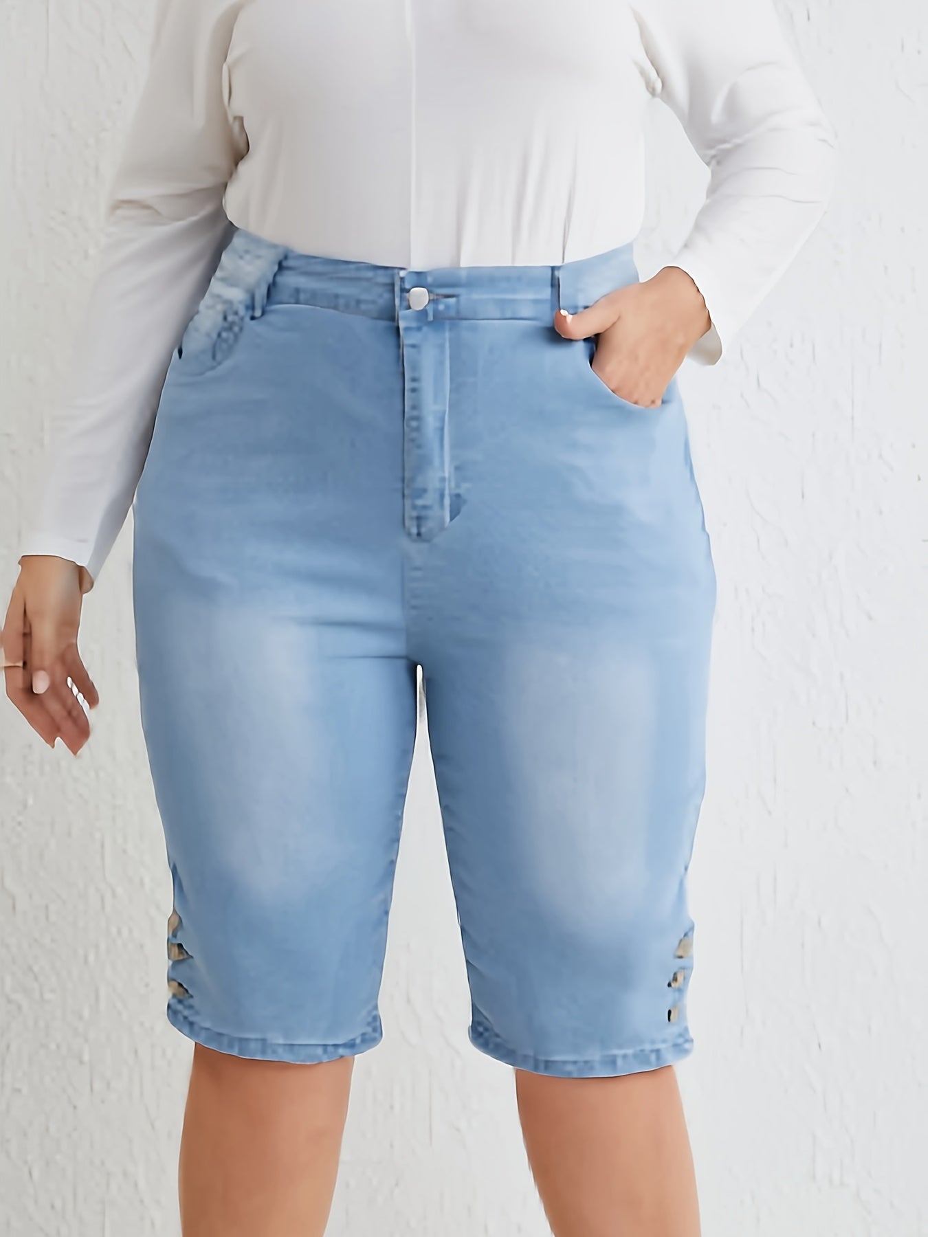 Washed Button High Rise Skinny Denim Shorts