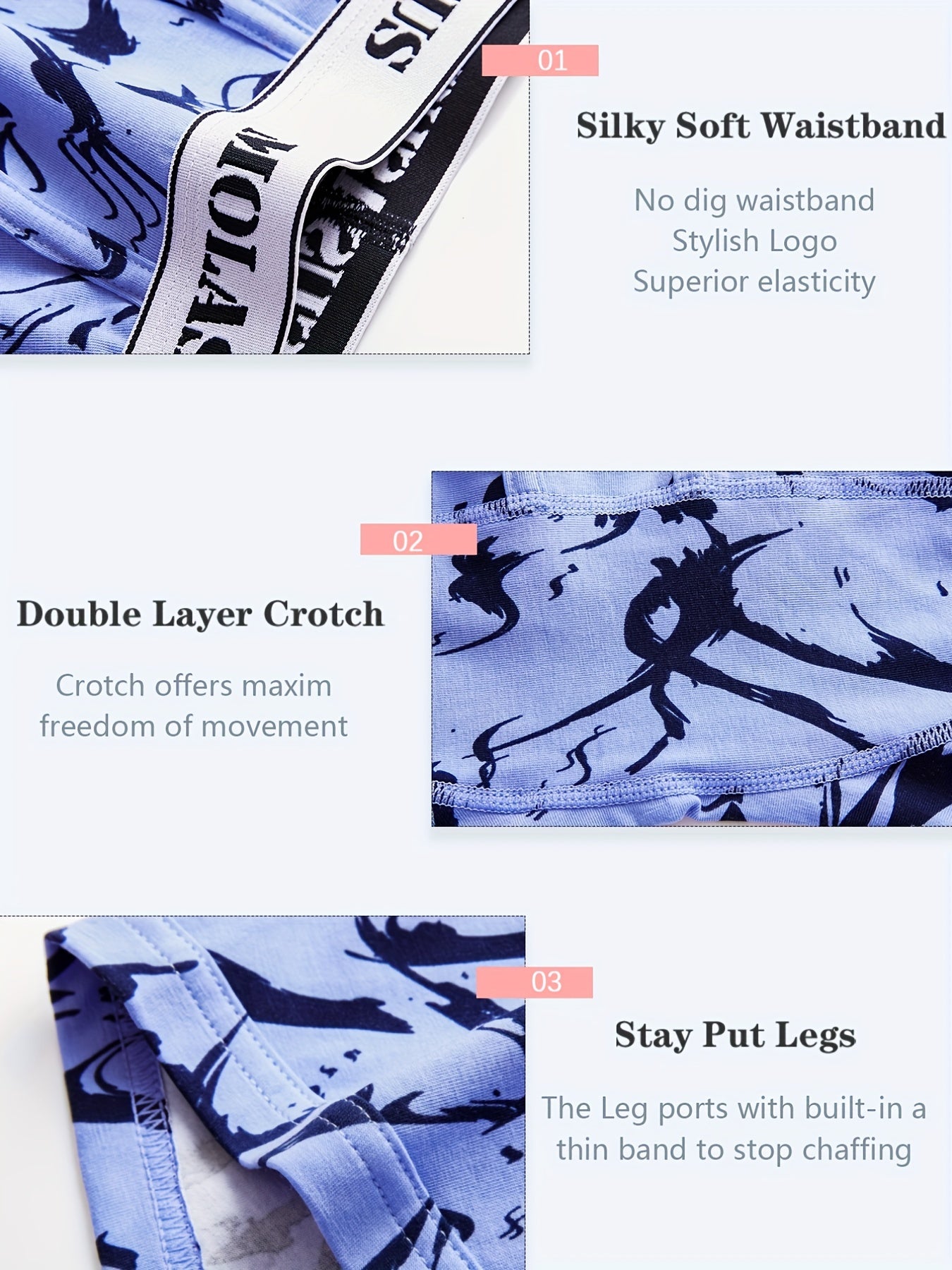 3pcs Random Print Boyshort Panties Soft & Comfortable Women's Lingerie