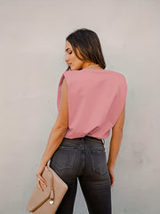 Solid Padded Shoulder Top Casual Crew Neck Summer Versatile Top