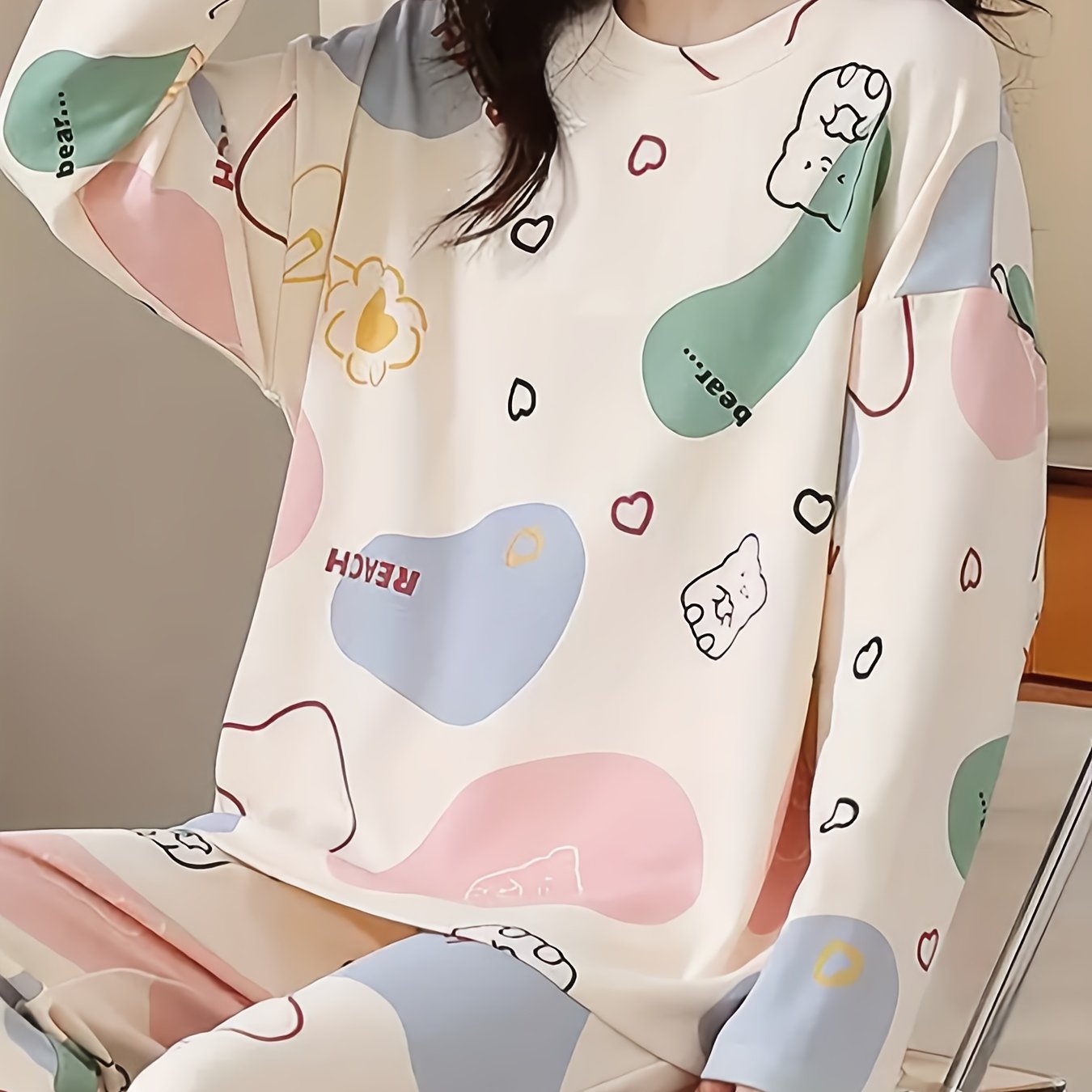 Cartoon Print Pajama Set Long Sleeve Top & Elastic Waistband Pants