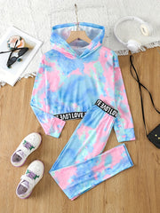 Girl's Tie Dye 2pcs Hoodie & Sweatpants Set LOVE Print Long Sleeve Top