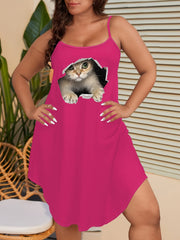 3D Cat Print Round Neck Medium Stretch Cami Sleep Dress