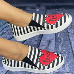 Women's Striped Red Heart Flat Lightweight Walking Shoes