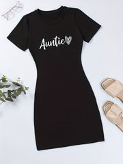 Letter & Heart Print Bodycon Dress Casual Tee Dress