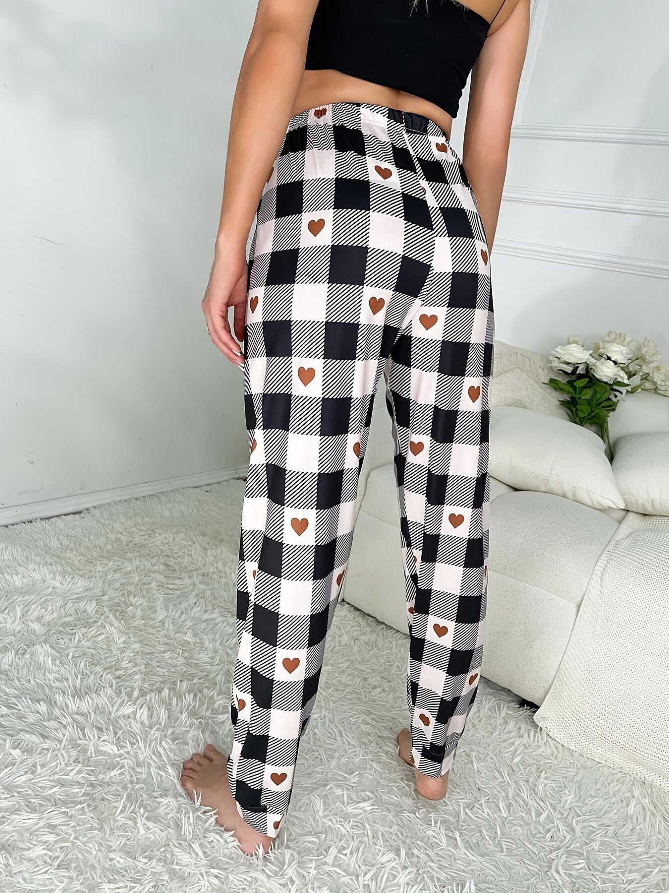 Heart Print Plaid Sleep Bottoms Casual & Comfy Bow Sleep Pants Women's Sleepwear