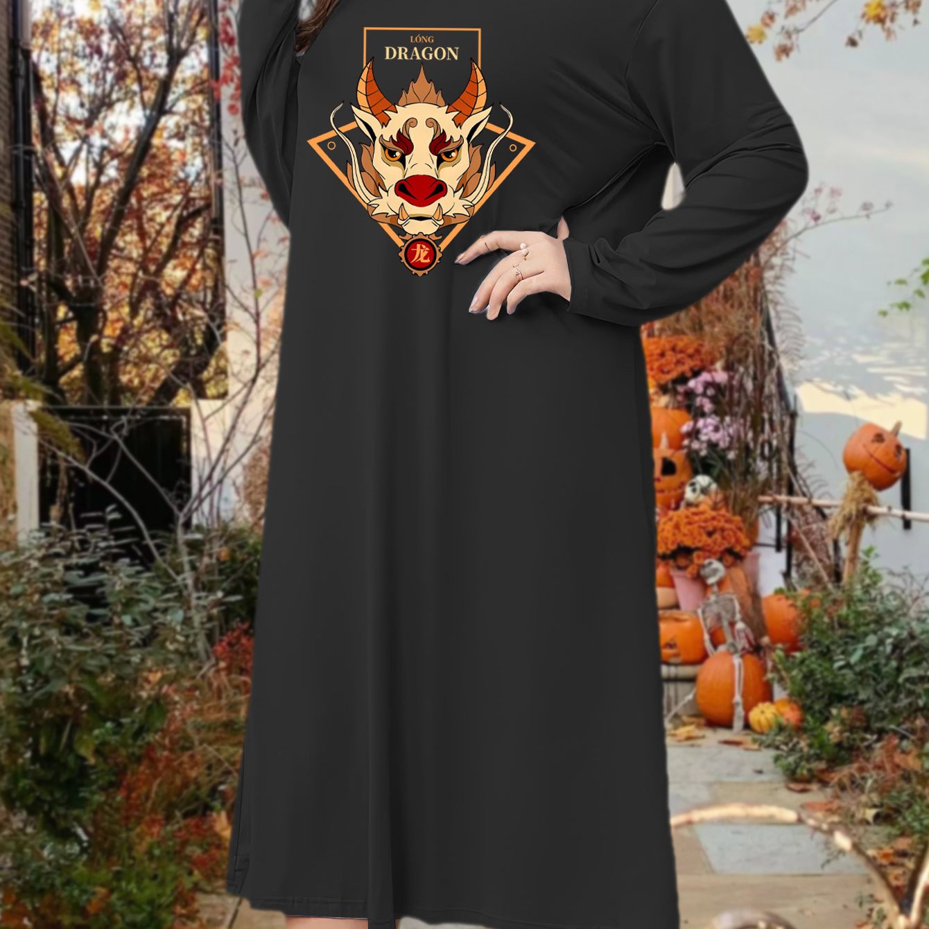 Dragon Graphic Long Sleeve Lounge Dress Plus Size