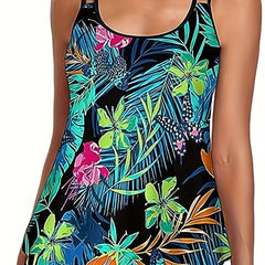 Tropical Print Tankini Set Women's Plus Round Neck Tank Top & Shorts