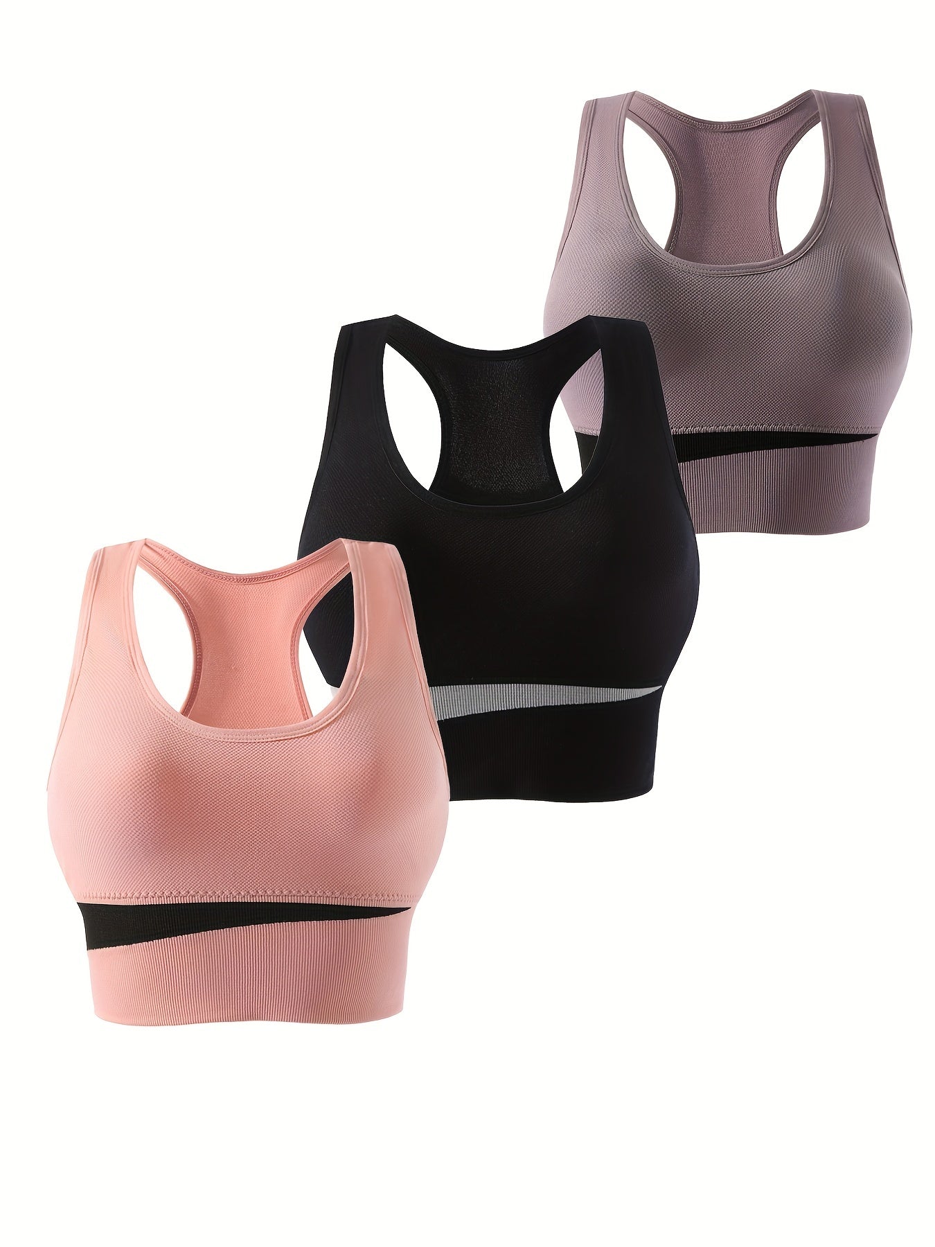 3pcs Colorblock Sports Bras Racer Back Wireless Bra