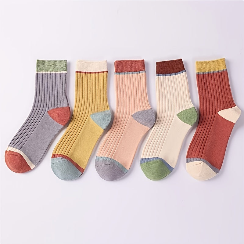 5pairs Colorblock Ribbed Cotton Blend Mid Tube Socks