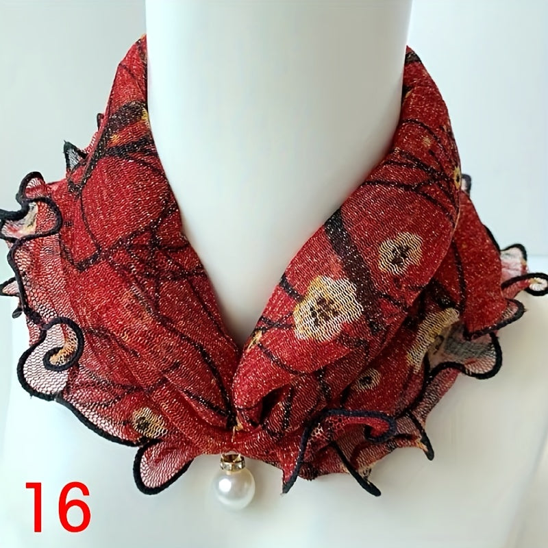 Breathable Lace Scarf with Faux Pearl Pendant
