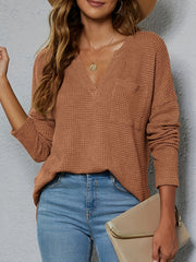 Casual Knit Top Women's Plus Solid Waffle Pattern Long Sleeve