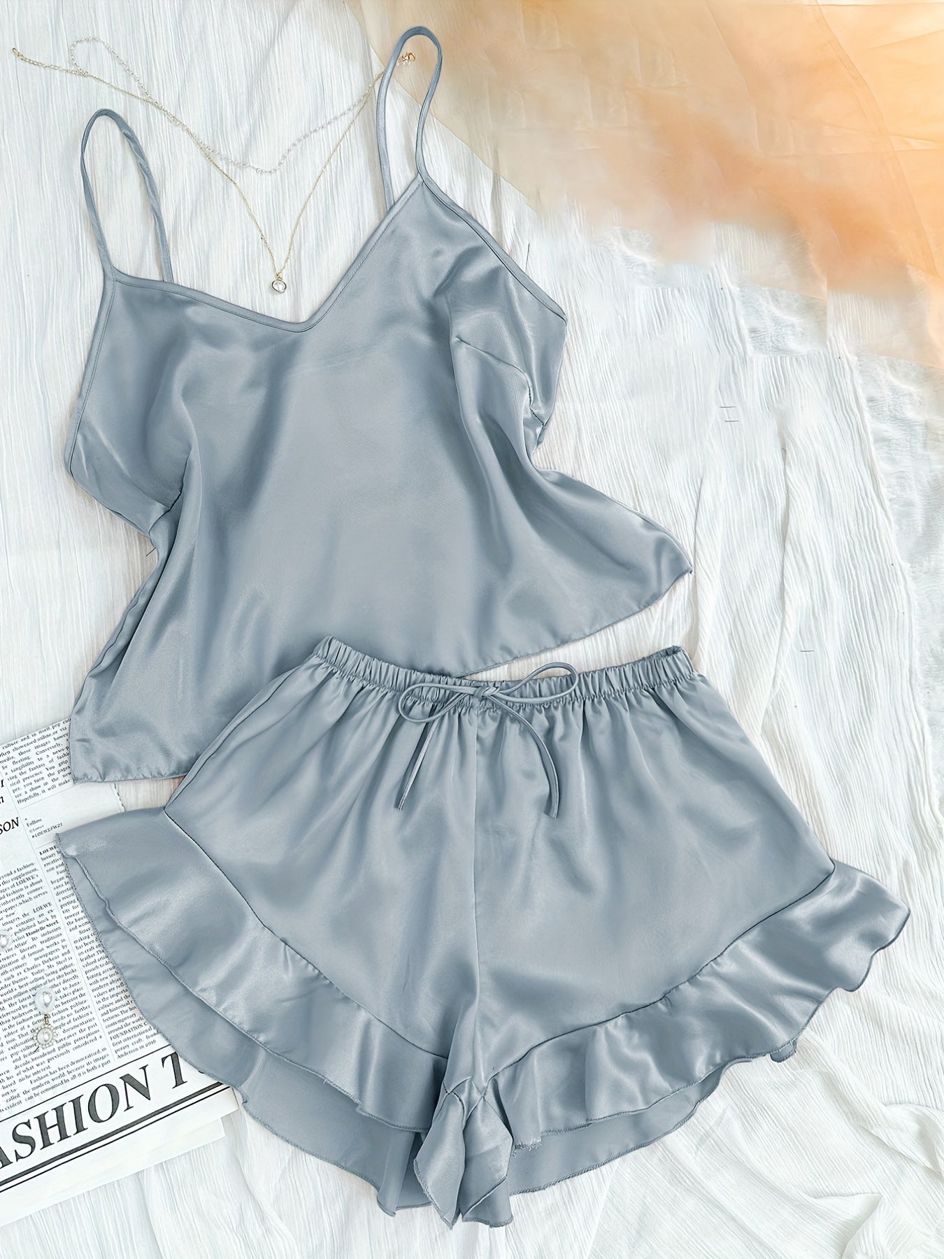 Satin Pajama Set V Neck Cami & Ruffle Shorts Sleepwear