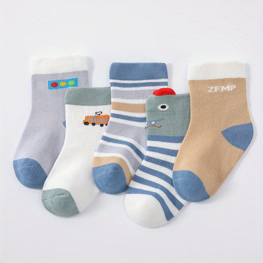 5pairs Boys Kids Cartoon Crew Socks Mesh Breathable Sweat Absorbing