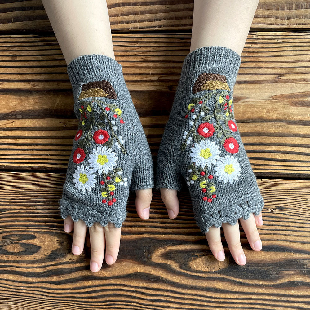 Hand Knit Fingerless Embroidery Floral Winter Woolen Gloves