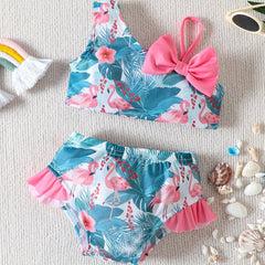 Girls Flamingo Print Bikini Swimsuit Set Ruffle Bow Decor Beach Vacation