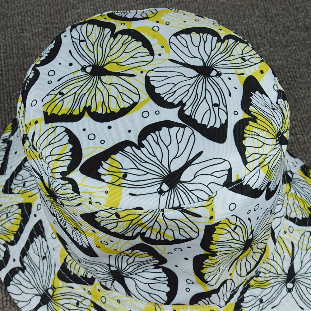 Yellow Butterfly Print Bucket Hat Reversible Wear Foldable Sun Protection
