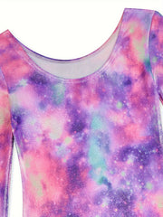Girls 3D Starry Sky Graphic Crew Neck Long Sleeve Ballet Leotard