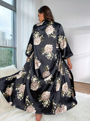 Women's Plus Floral Print Satin Belted Robe & Cowl Neck Cami Dress Pajamas Set