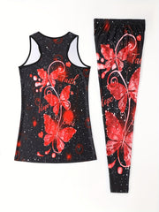 Butterfly Print Casual 2pc Set Tank Top & Slim Pants