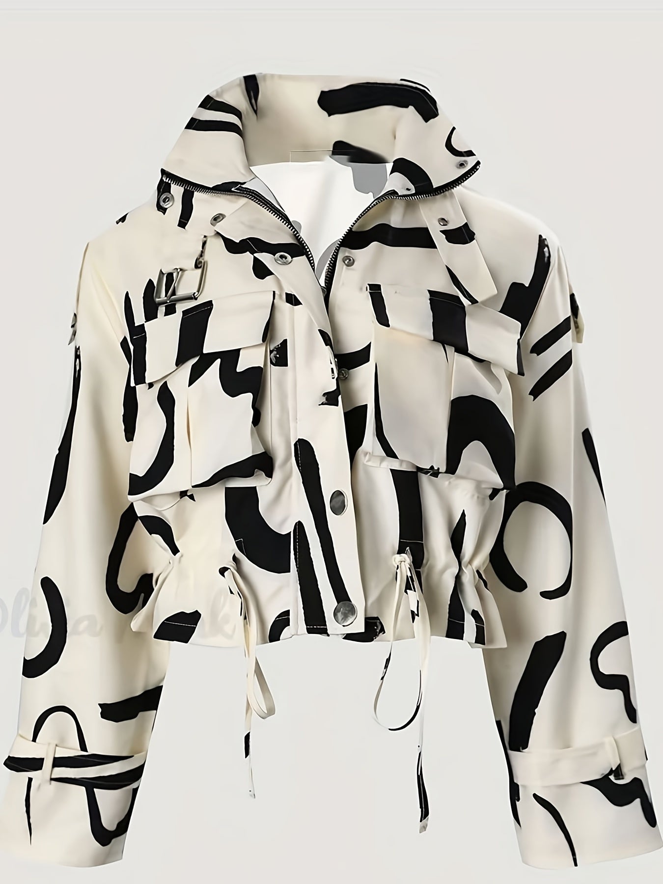 Brush Print Drawstring Crop Jacket Casual Zipper Coat