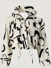 Brush Print Drawstring Crop Jacket Casual Zipper Coat