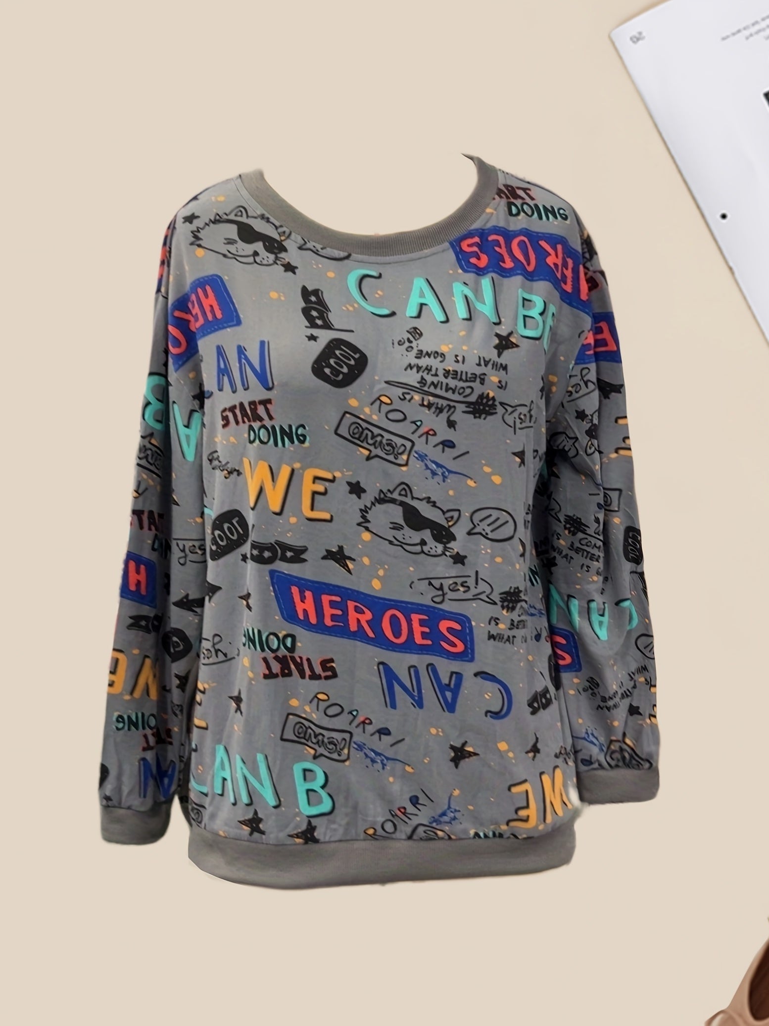 Graffiti Print Sweatshirt Crew Neck Long Sleeve Women's Clothing