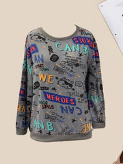 Graffiti Print Sweatshirt Crew Neck Long Sleeve Women's Clothing