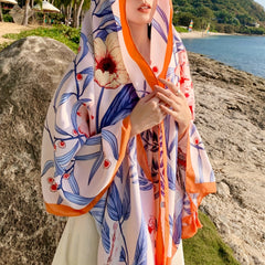 Orange Tassel Scarf Flower Print Shawl Outdoor Sunscreen Head Wrap
